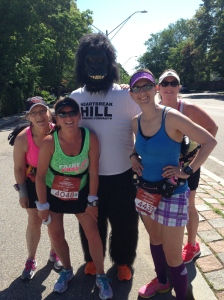 Stop running and take a photo? Sure (we're up for ANY reason to take a break)! Alison Jakeman Nicklas, Perfect Goofy Gail, the Heartbreak Hill Running Company Gorilla (he was out BOTH days cheering us on), Kimberly, and Pamela Potter Frost.